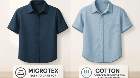 Ilustrasi perbandingan pakaian berbahan katun dan microtex dengan fokus kenyamanan, tampilan rapi, dan kemudahan perawatan