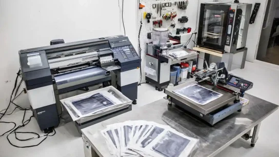 Alat cetak sablon DTF lengkap termasuk printer DTF, heat press, oven curing, dan powder shaker untuk bisnis printing profesional