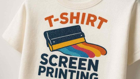 Close-up kaos katun dengan desain sablon penuh warna, menampilkan kelebihan sablon kaos.