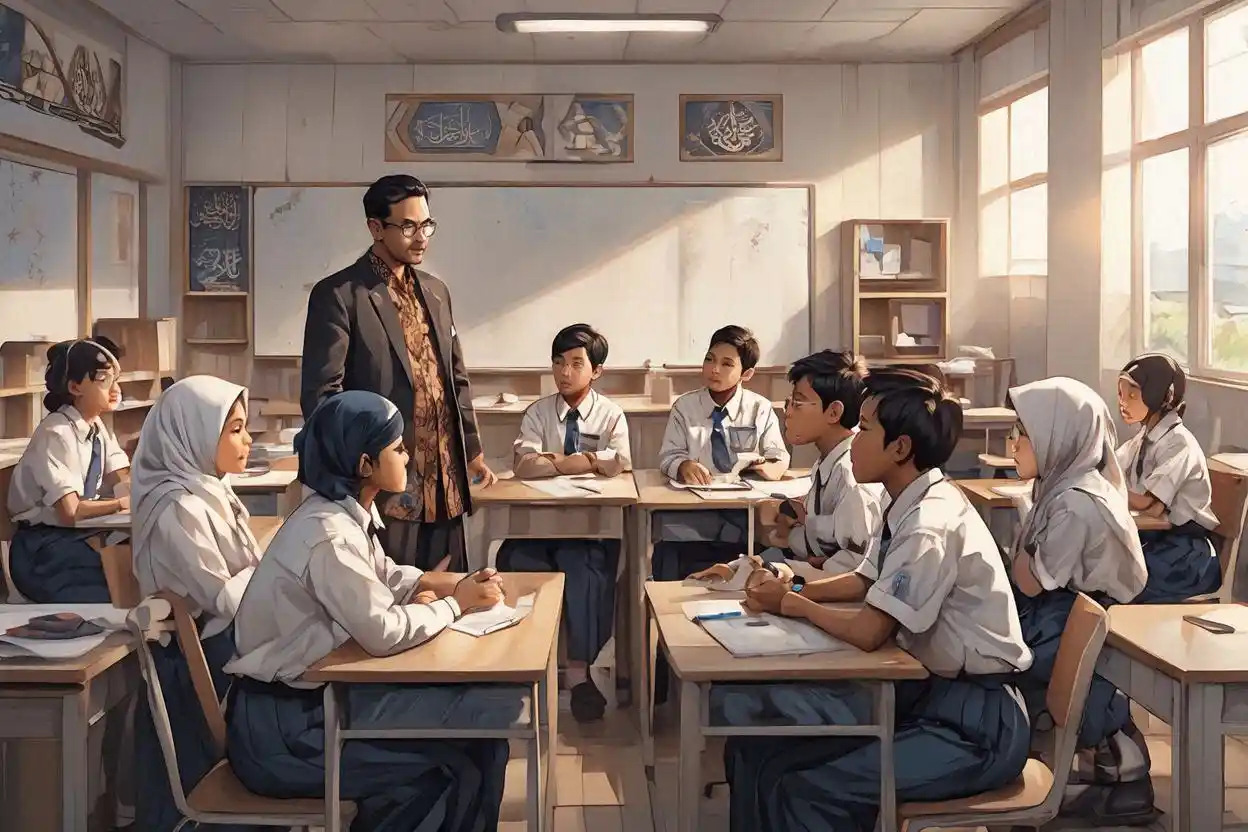 Suasana kegiatan belajar di SMP Islam terpercaya Jogja dengan siswa dan guru berdiskusi di kelas bernuansa Islami.