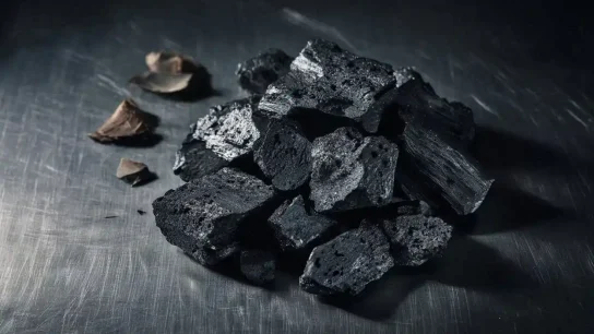 High carbon coconut charcoal pieces displayed on industrial surface with professional lighting
