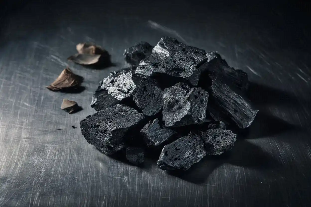 High carbon coconut charcoal pieces displayed on industrial surface with professional lighting