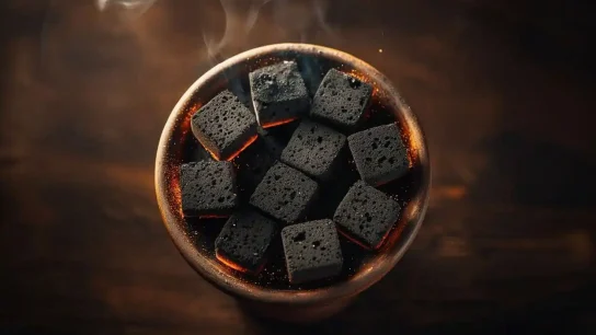 Premium coconut shell shisha charcoal cubes arranged on a hookah bowl