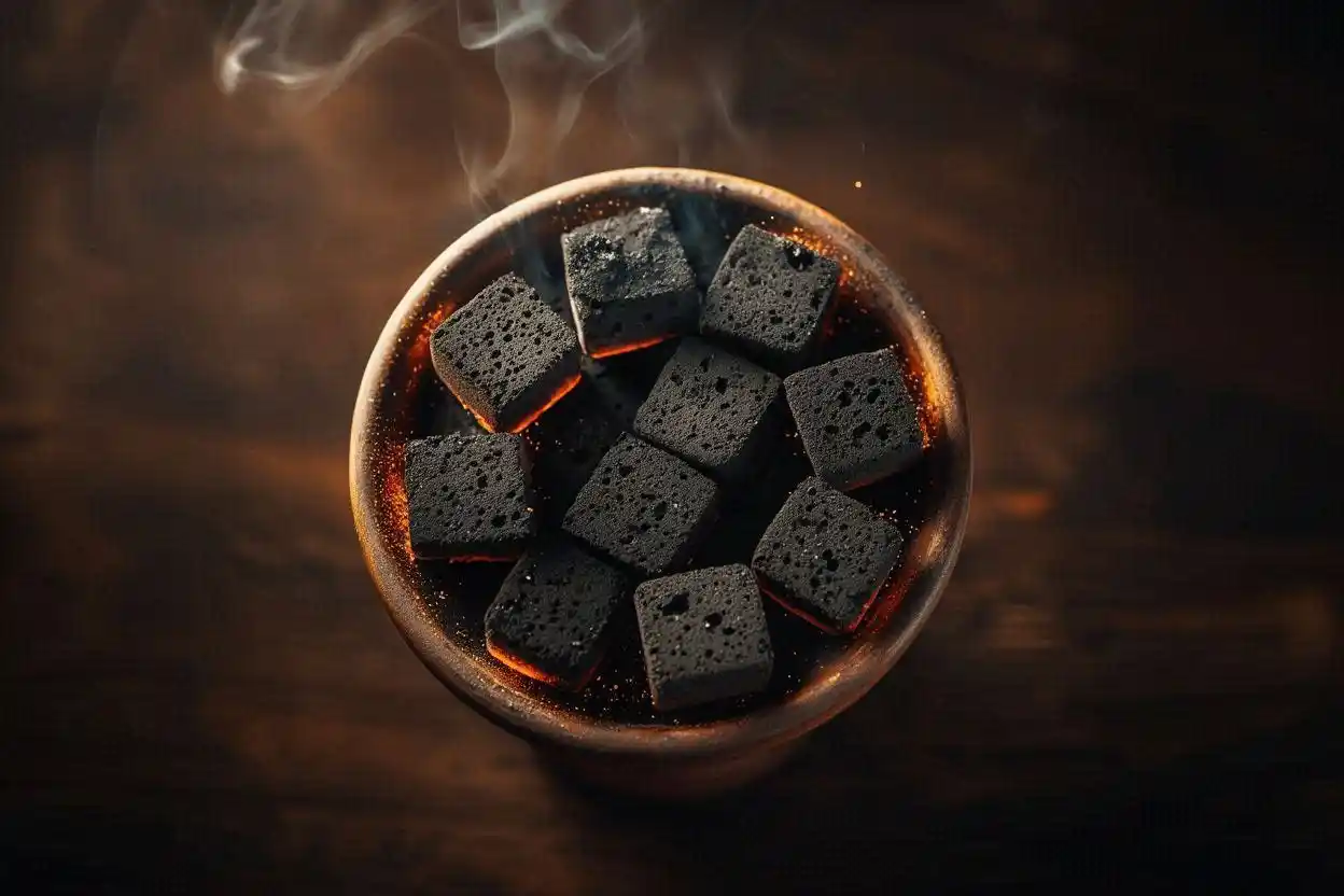 Premium coconut shell shisha charcoal cubes arranged on a hookah bowl