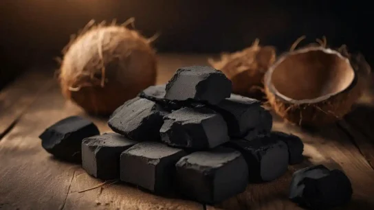 Quality coconut briquettes stacked neatly on a wooden surface with natural coconut shells in the background