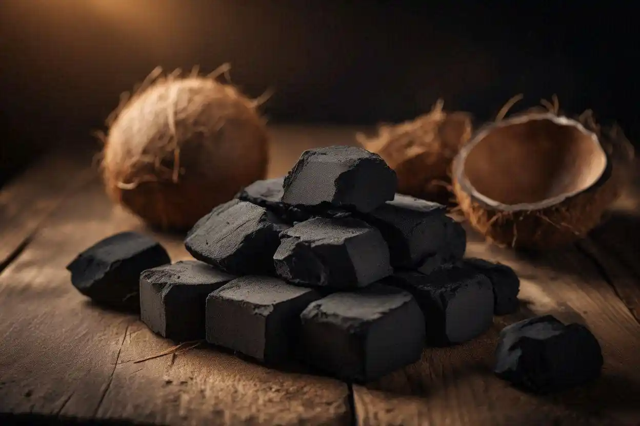 Quality coconut briquettes stacked neatly on a wooden surface with natural coconut shells in the background