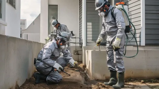 Teknisi jasa anti rayap bersertifikat melakukan penyemprotan termitisida di area fondasi bangunan secara profesional.