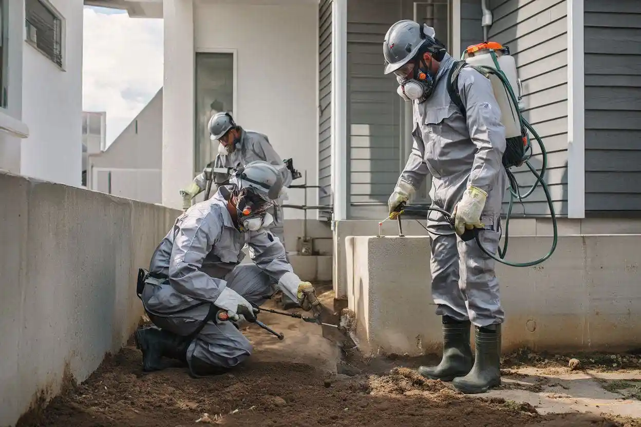 Teknisi jasa anti rayap bersertifikat melakukan penyemprotan termitisida di area fondasi bangunan secara profesional.